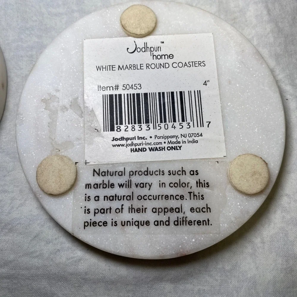 Jodhpuri Home White Marble Round‎ Coasters Set of 4 Natural Stone 4 Inch